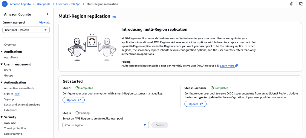 Cognito Multi-Region replication - start the replication process